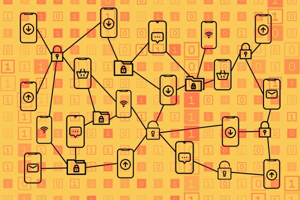 Illustration: Mobile Phone device network with encrypted and unencrypted paths. Michael Newton/Center for European Policy Analysis. Icons: endang firmansyah/UNiCORN/The Noun Project