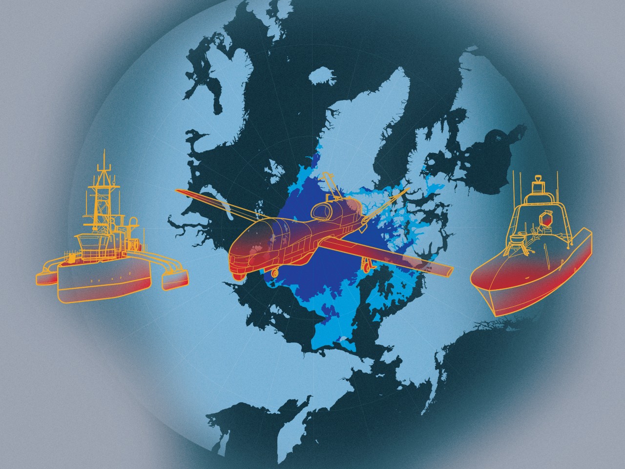 Graphic: Illustration of sea and air uncrewed systems over a map of the Arctic. Credit: Sara Boyer/Center for European Policy Analysis.