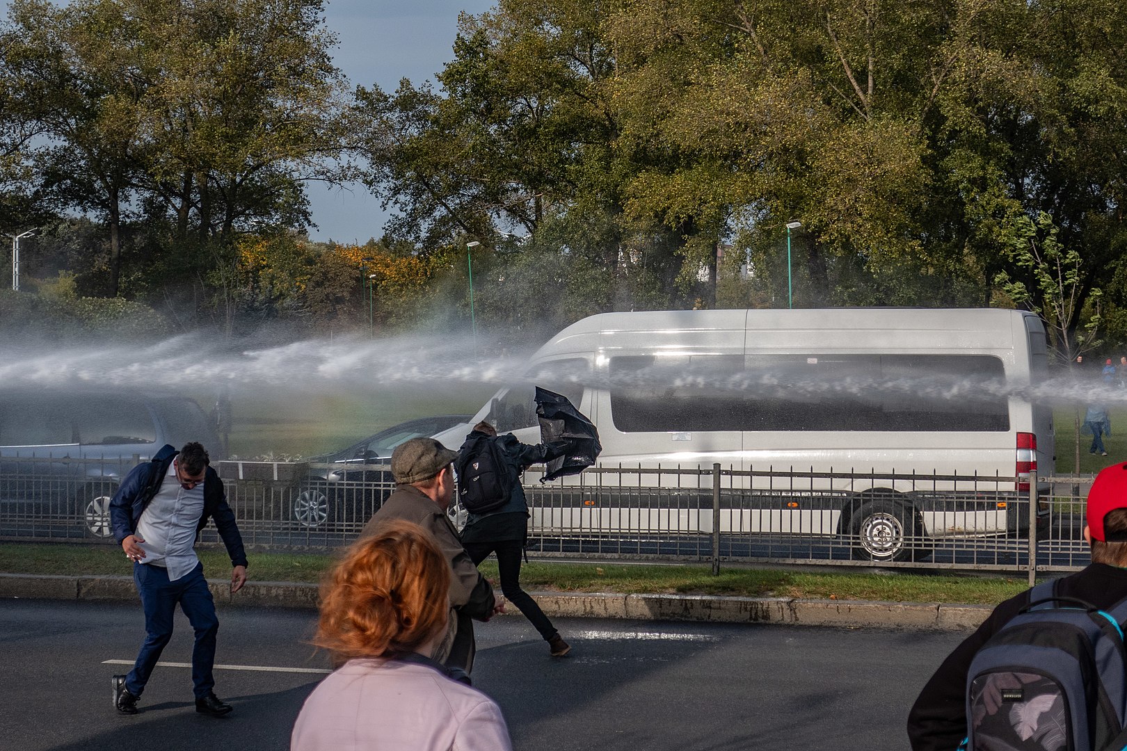 Photo: Use of water cannon during an anti-Lukashenko protest on October 4, 2020. Credit: Wikimedia Commons, Homoatrox
