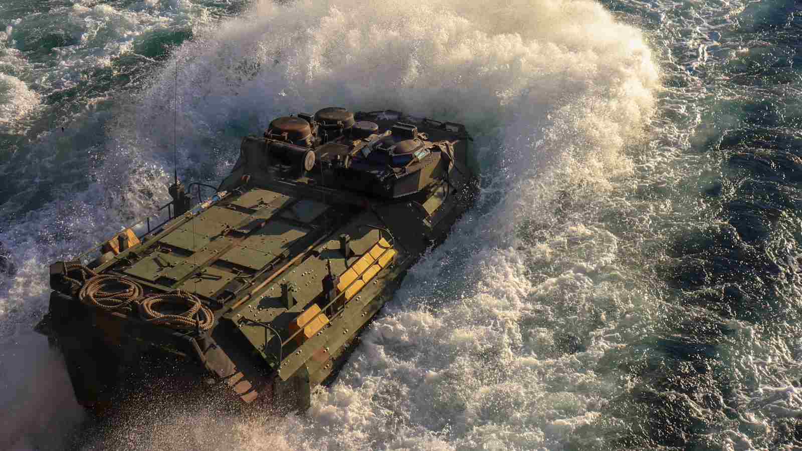An amphibious assault vehicle, assigned to 24th Marine Expeditionary Unit, disembark the San Antonio-class amphibious transport dock ship USS New York (LPD 21) October 30, 2018. USS New York (LPD 21) is participating in Trident Juncture 2018. Trident Juncture 18 is a NATO-led exercise designed to certify NATO response forces and develop interoperability among participating NATO and partner nations.
U.S. Navy photo by Aviation Boatswain’s Mate (Handling) 3rd Class Lyndon Schwartz