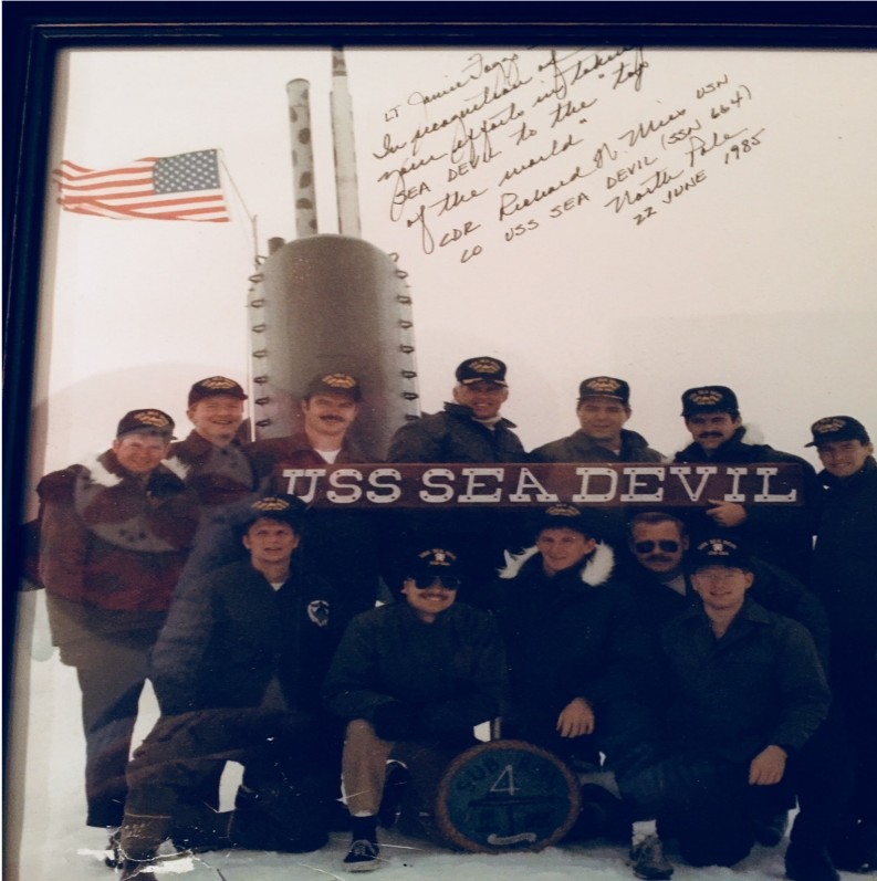 LT Jamie Foggo, USN
In recognition of your efforts in taking USS SEA DEVIL to the “top of the world.”
CDR Richard W. Mies, USN
CO USS SEA DEVIL (SSN-664)
North Pole
22 June 1985