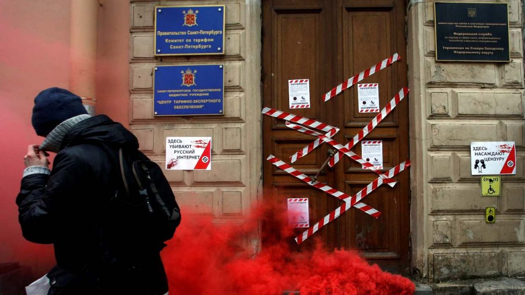 Photo: A protester walks away from the Roskomnadzor's office in central Saint Petersburg, Russia March 10, 2019. Credit: REUTERS/Anton Vaganov