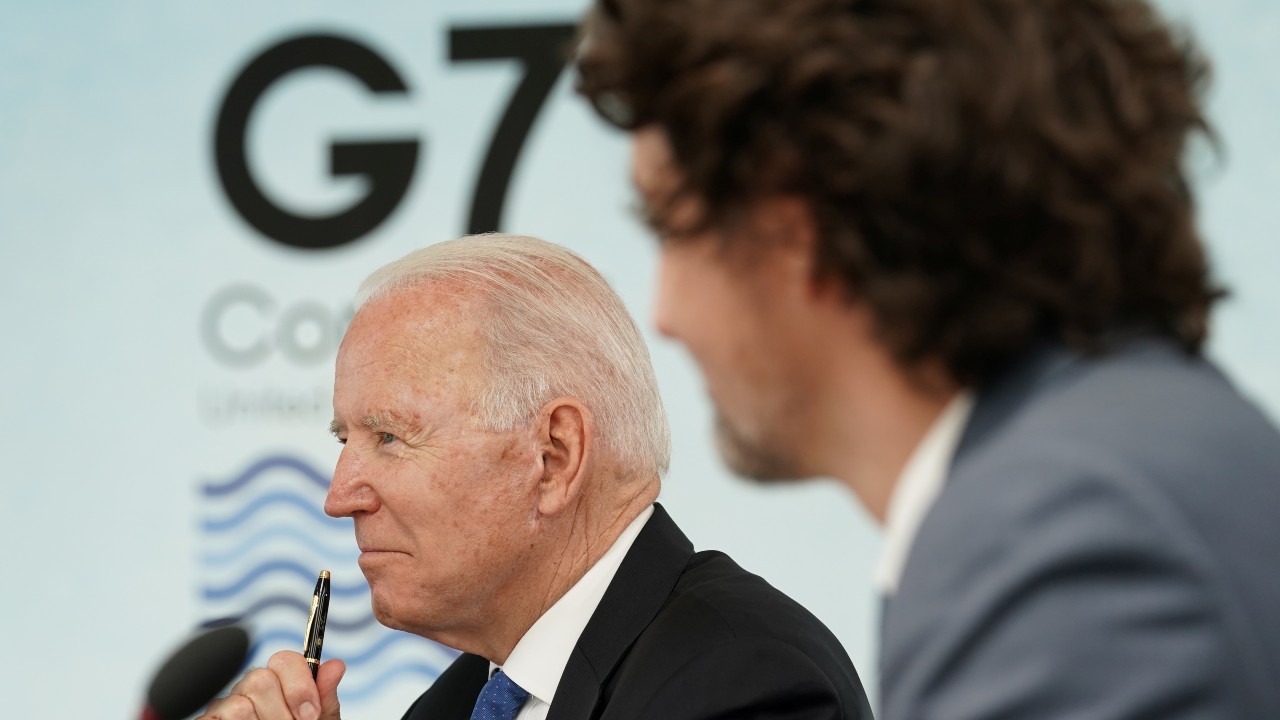 Photo: U.S. President Joe Biden and Canada's Prime Minister Justin Trudeau attend a session during the G7 summit in Carbis Bay, Cornwall, Britain, June 11, 2021. Credit: REUTERS/Kevin Lamarque/Pool