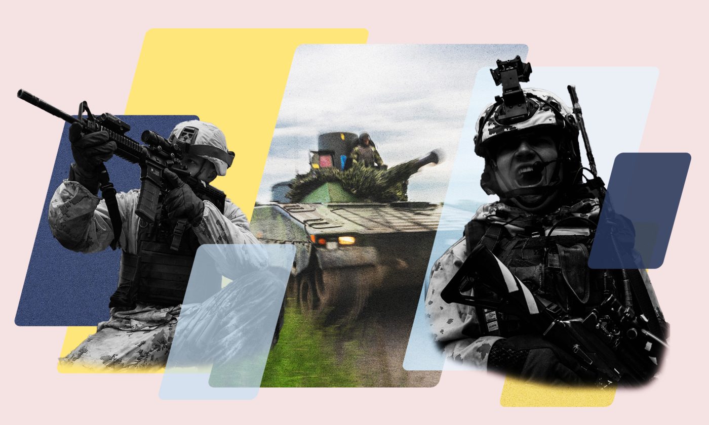 Illustration: Michael Newton/Center for European Policy Analysis. Image left and right: A US Marine scans his sector on 1 December 2022 during Exercise Freezing Winds near Syndalen, Finland. Credit: NATO. Image center: A Swedish Army CV-90 infantry fighting vehicle moves down a road on the Swedish island of Gotland on 7 June during Exercise BALTOPS 22. Credit: NATO