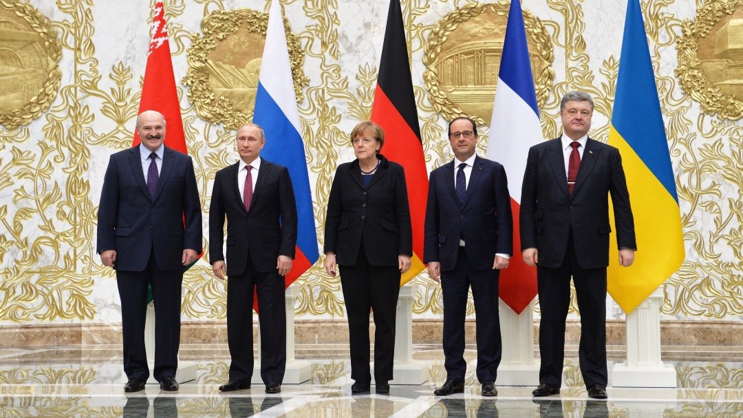 Image: Leaders of Belarus, Russia, Germany, France, and Ukraine at the 11–12 February summit in Minsk. Credit: Kremlin.ru.
