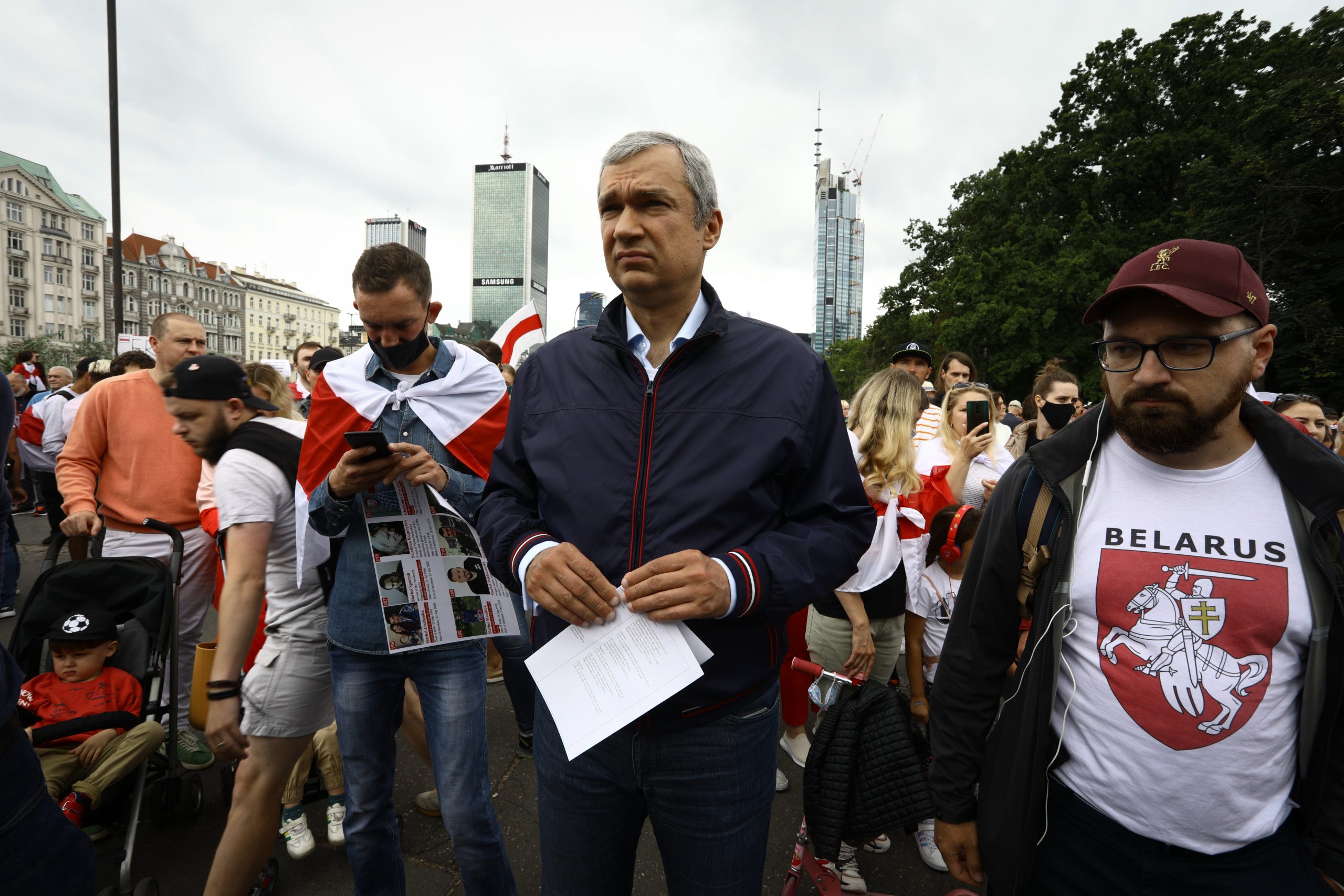 Photo: Belarusian opposition leader and former minister of culture Pavel Latushko is seen at an opposition rally in Warsaw, Poland on Augus 8, 2021. Several hundred people marched from the city center to the Belarusian embassy on Sunday in protest of political repression in their home country on the eve of the anniversary of the rigged elections that led to a sixth term of Alexander Lukashenko as president. Credit: STR/NurPhoto