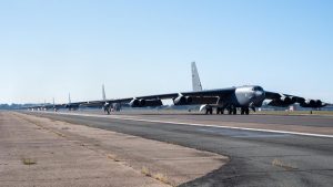 Photo: B-52H Stratofortresses from the 2nd Bomb Wing line up on the runway at Barksdale Air Force Base, La., Oct. 14, 2020. The military aircraft lined up in close formation before taking off as part of a readiness exercise conducted to ensure the 2nd BW is able to present uncompromising combat capacity. Credit: Senior Airman Tessa B. Corrick/U.S. Air Force