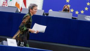 Photo: EU Commission Executive Vice-President Margrethe Vestager walks during a debate on the Digital Markets Act (DMA) at the European Parliament in Strasbourg, France December 14, 2021. Credit: Jean-Francois Badias/Pool via REUTERS