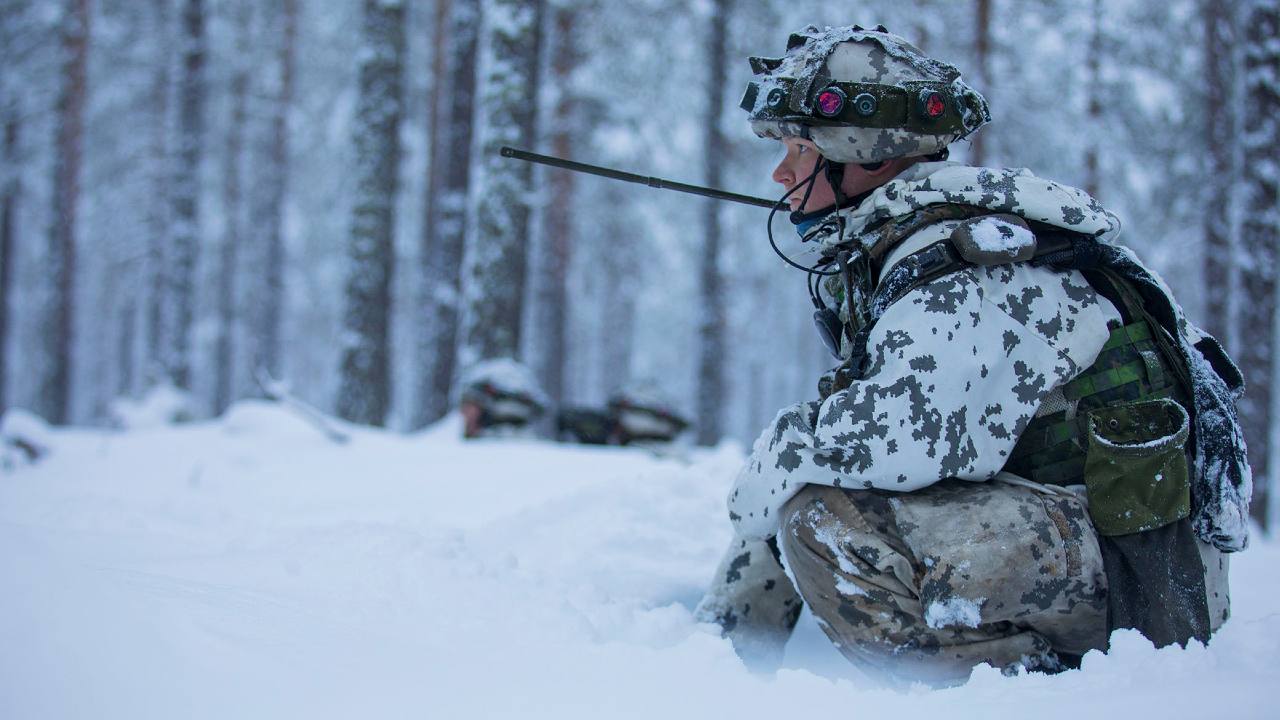 Photo: A Finnish soldier in the snow on an exercise. Credit: Finland Defense Forces
