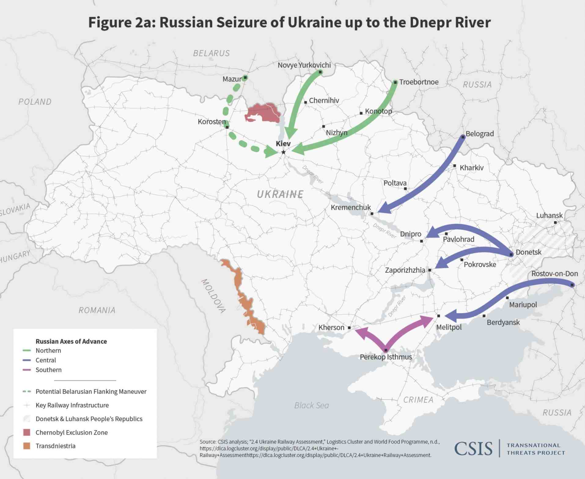 Photo: A map showing a possible Russian plan for the invasion of Ukraine, including the encirclement of Kyiv. Credit: Image courtesy of the Center for Strategic and International Studies