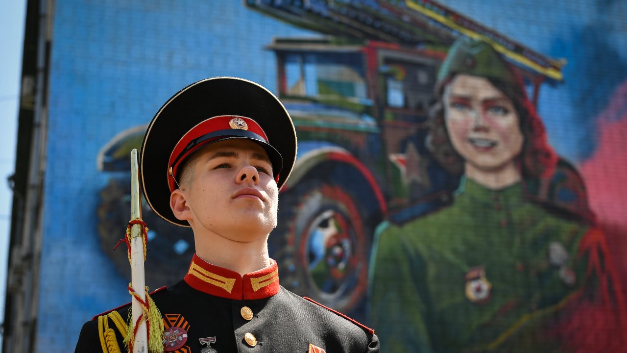 Photo: PRIMORYE TERRITORY, RUSSIA - MAY 6, 2021: A view of the Katyusha mural covering an apartment building wall in Ussuriysk, 98km north of Vladivostok. Marking the upcoming 76th anniversary of the victory in World War II, it was produced as part of a joint effort of Russia's Eastern Military District separate rocket artillery formation, Ussuriysk municipal officials and art patrons. Katyusha was the name of WWII Soviet multiple rocket launchers. Credit: Yuri Smityuk/TASS.