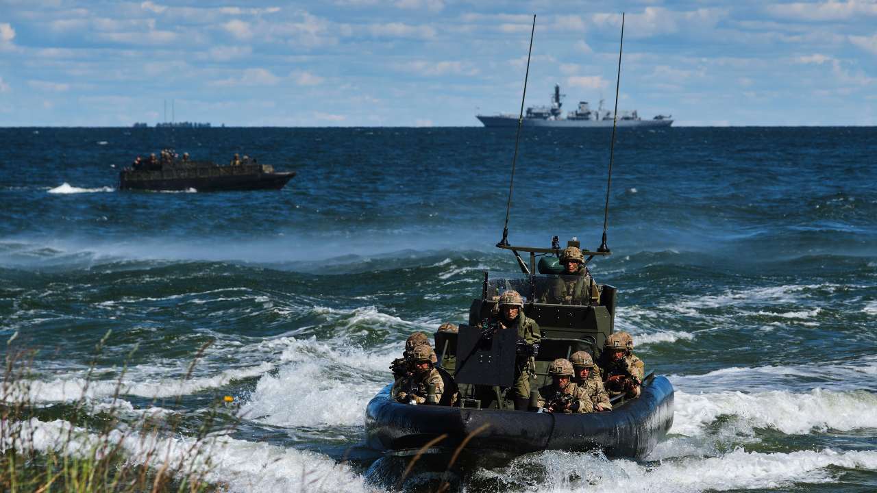 Photo: Pictured is an amphibious landing at Kolga Bay, Estonia, during DV Day on Baltic Protector. The demonstration on Baltic Protector deployment is part of the multinational task group the Joint Expeditionary Force (JEF). Credit: PO(Phot) Si Ethell/Royal Navy.