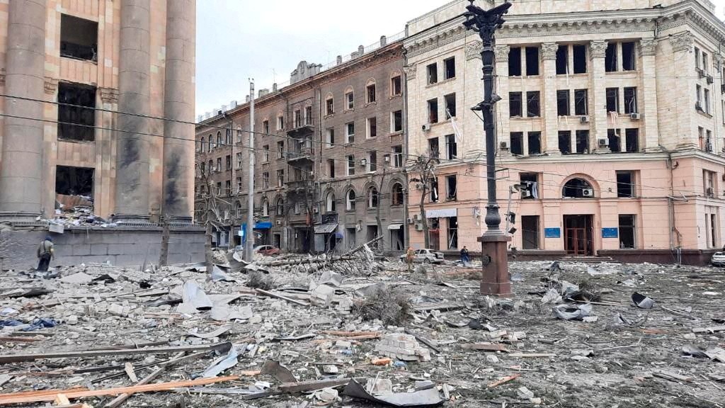 Photo: A view shows the area near the regional administration building, which was hit by a missile according to city officials, in Kharkiv, Ukraine, in this handout picture released March 1, 2022. Credit: Press Service of the Ukrainian State Emergency.