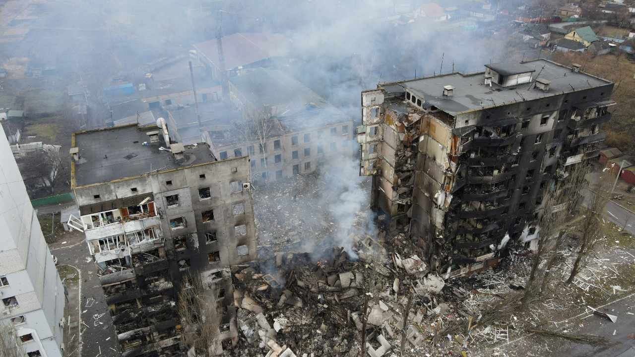 Photo: An aerial view shows a residential building destroyed by shelling, as Russia's invasion of Ukraine continues, in the settlement of Borodyanka in the Kyiv region, Ukraine March 3, 2022. Picture taken with a drone. Credit: REUTERS/Maksim Levin.