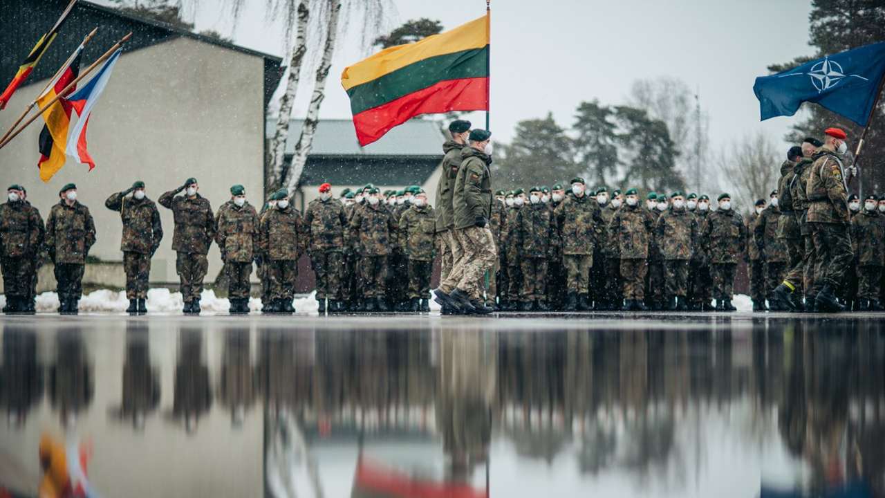 Photo: NATO eFP Battlegroup congratulates Lithuania on the Restauration of the State Day. Credit: NATO eFP Battlegroup Lithuania via Twitter