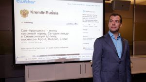Title: Former Russian President Dmitry Medvedev stands in front of a newly created Russian government Twitter account. Credit: Wikimedia Commons.