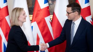 Photo: British Foreign Secretary Liz Truss meets Polish Prime Minister Mateusz Morawiecki at Chancellery in Warsaw, Poland, on April 5, 2022. Credit: Mateusz Wlodarczyk/NurPhoto