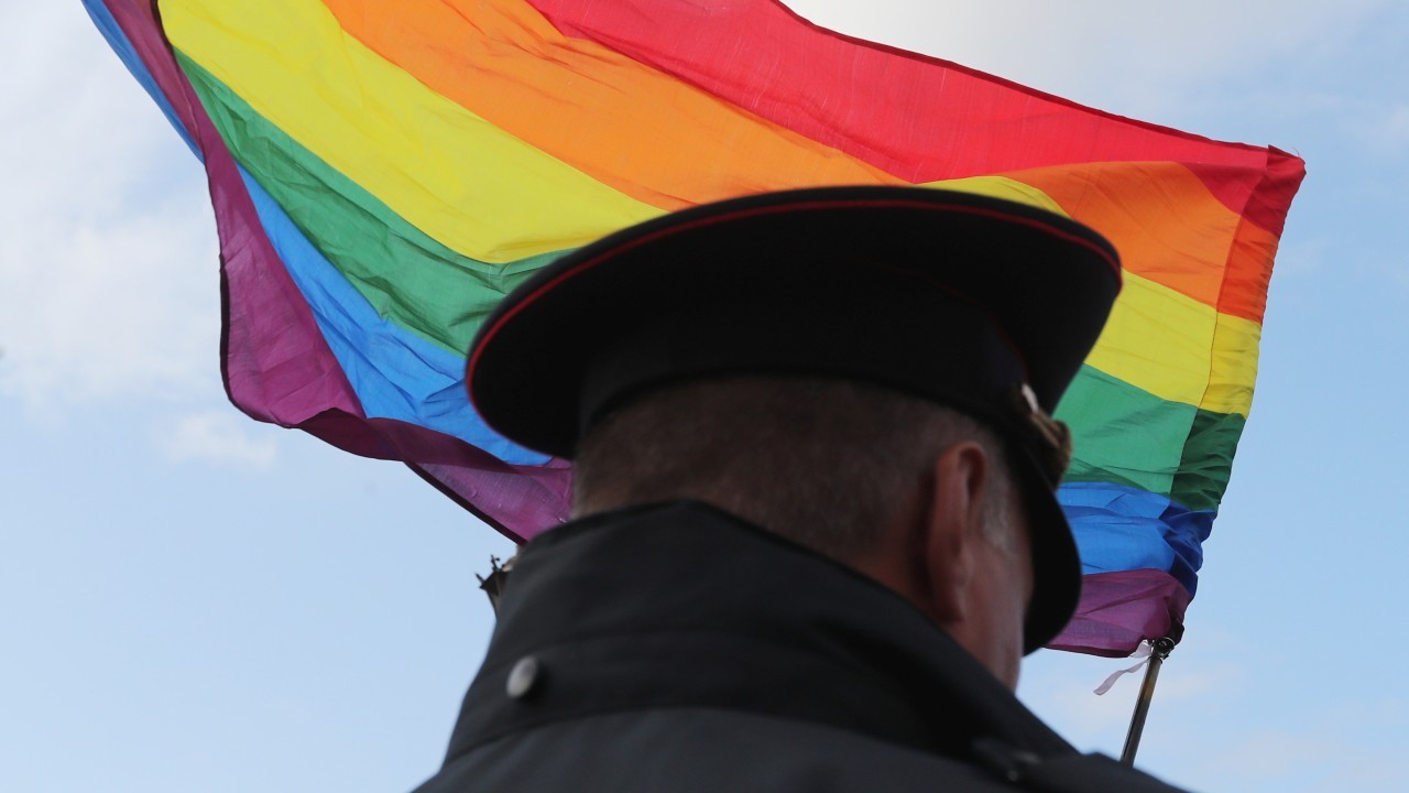 Photo: A law enforcement officer stands guard during the LGBT community rally "X St.Petersburg Pride" in central Saint Petersburg, Russia August 3, 2019. Credit: REUTERS/Anton Vaganov.