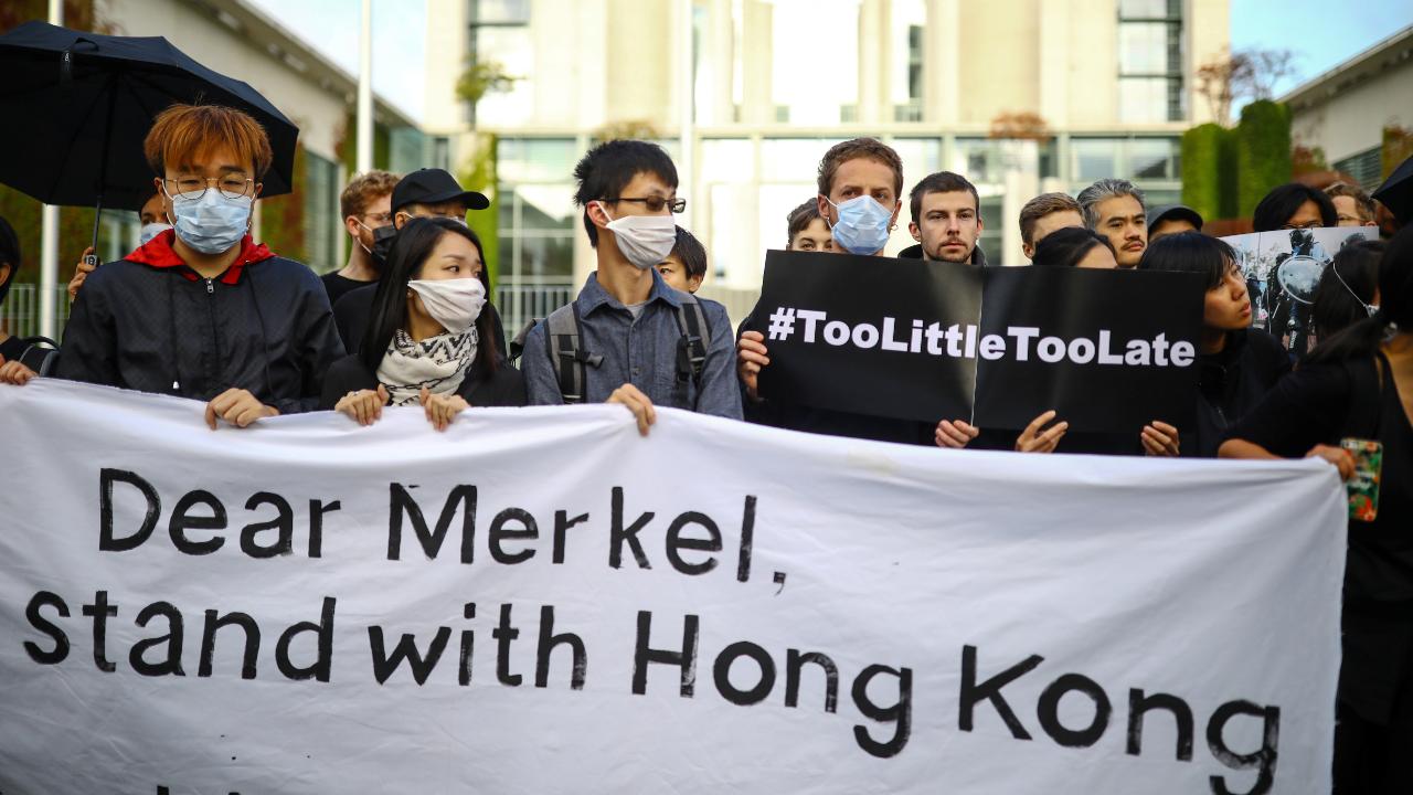 Photo: Activists protest for solidarity with Hong Kong's protestors in front of Chancellery in Berlin, Germany, September 5, 2019. Credit: REUTERS/Hannibal Hanschke