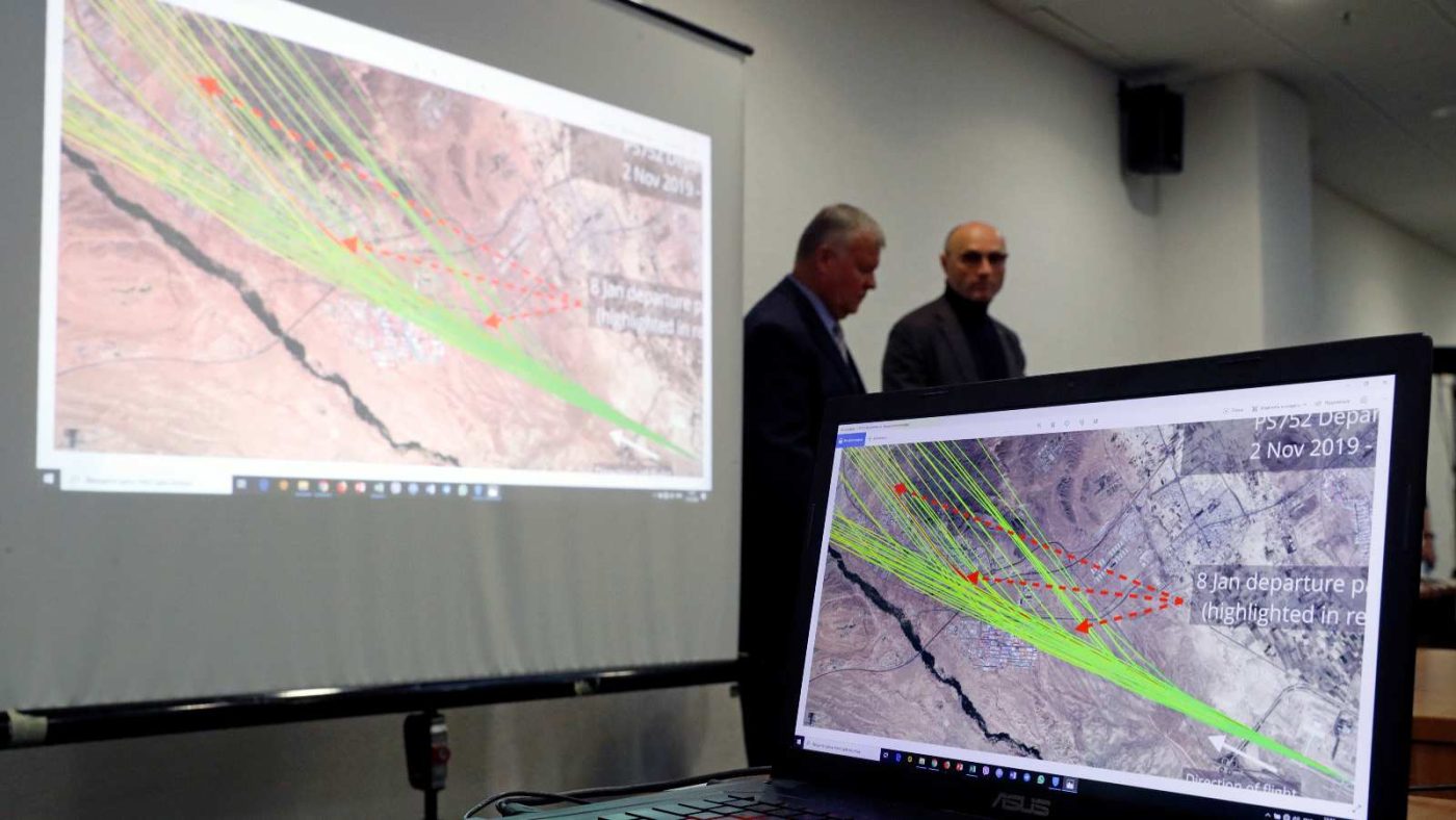 Photo: A map of flight PS-752's departure paths is seen on a computer screen at a news briefing about the crash of the Boeing 737-800 plane, flight PS-752, on the outskirts of Tehran, at the Boryspil International Airport, outside Kiev, Ukraine January 11, 2020. Credit: REUTERS/Valentyn Ogirenko