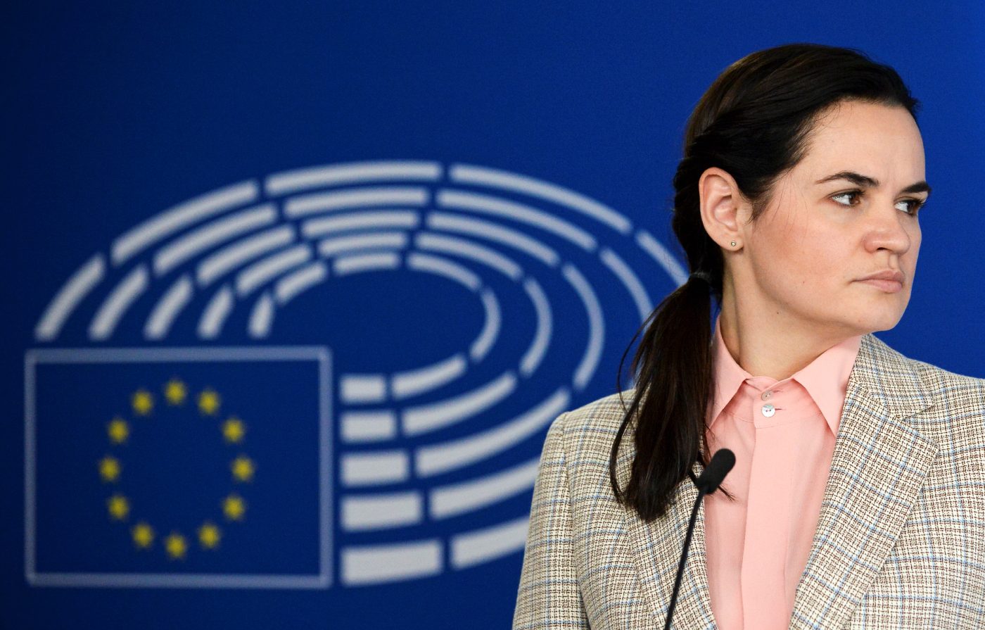 Photo: Belarusian opposition leader Sviatlana Tsikhanouskaya attends a news conference with European Parliament President David Sassoli (not pictured), in Brussels Belgium September 21, 2020. Credit: REUTERS/Johanna Geron/Pool