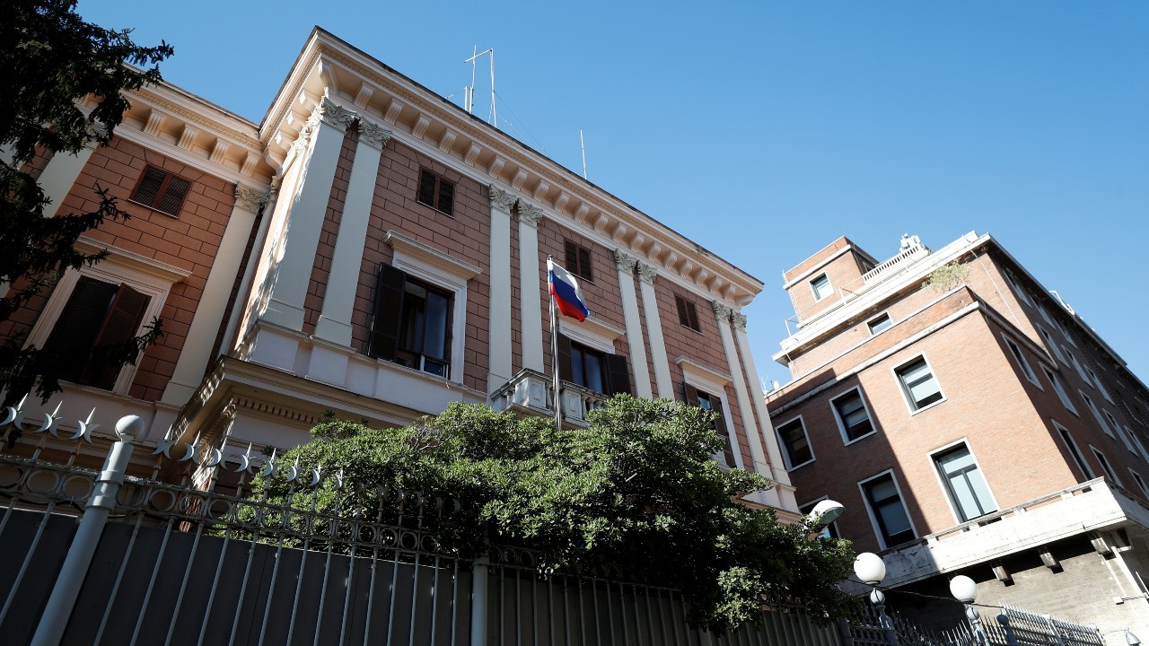 Photo: General view of the Russian Embassy after a Russian army official, who is accredited with the embassy, and an Italian navy captain were arrested on suspicion of spying, in Rome, Italy, March 31, 2021. Credit: REUTERS/Guglielmo Mangiapane