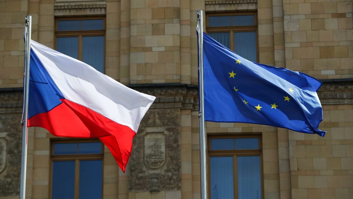 Photo: The flags of the Czech Republic and the European Union hoisted outside the Embassy of the Czech Republic in central Moscow. Credit: Mikhail Tereshchenko/TASS