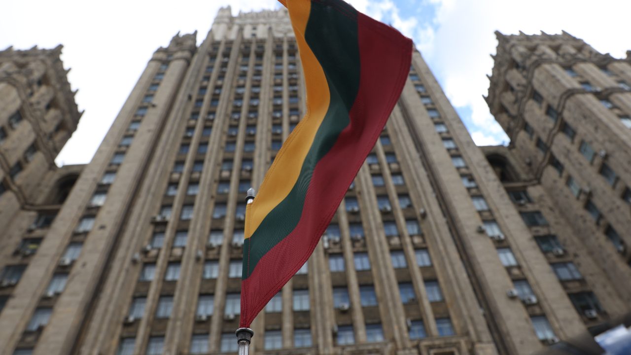 Photo: MOSCOW, RUSSIA – APRIL 28, 2021: A Lithuanian national flag on a car of Lithuania's Ambassador to Russia Eitvydas Bajarunas parked by the Russian Foreign Ministry headquarters. Credit: Vladimir Gerdo/TASS.