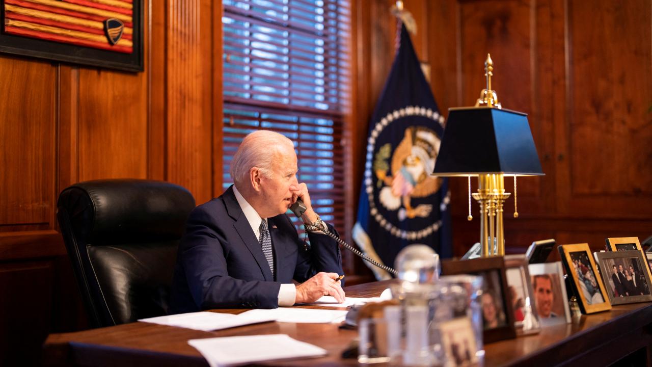 Photo: U.S. President Joe Biden speaks with Russia's President Vladimir Putin from his home in Wilmington, Delaware, U.S. December 30, 2021. Credit: Adam Schultz/White House/Handout via REUTERS.