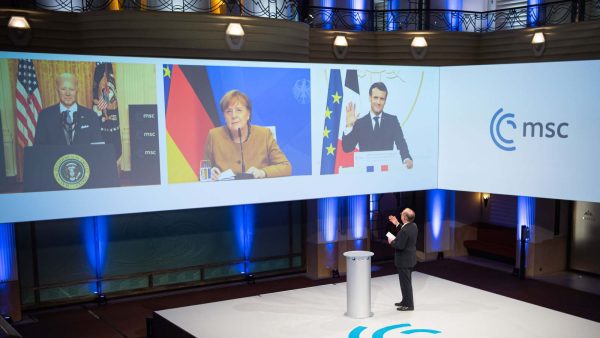 Photo: Joe Biden, Angela Merkel, and Emmanuel Macron just before delivering their remarks on February 19, 2021. Credit: MSC/Müller