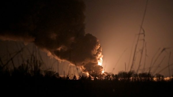 Photo: A view shows a burning oil depot reportedly hit by shelling near the military airbase Vasylkiv in the Kyiv region, Ukraine February 27, 2022. Credit: REUTERS/Maksim Levin