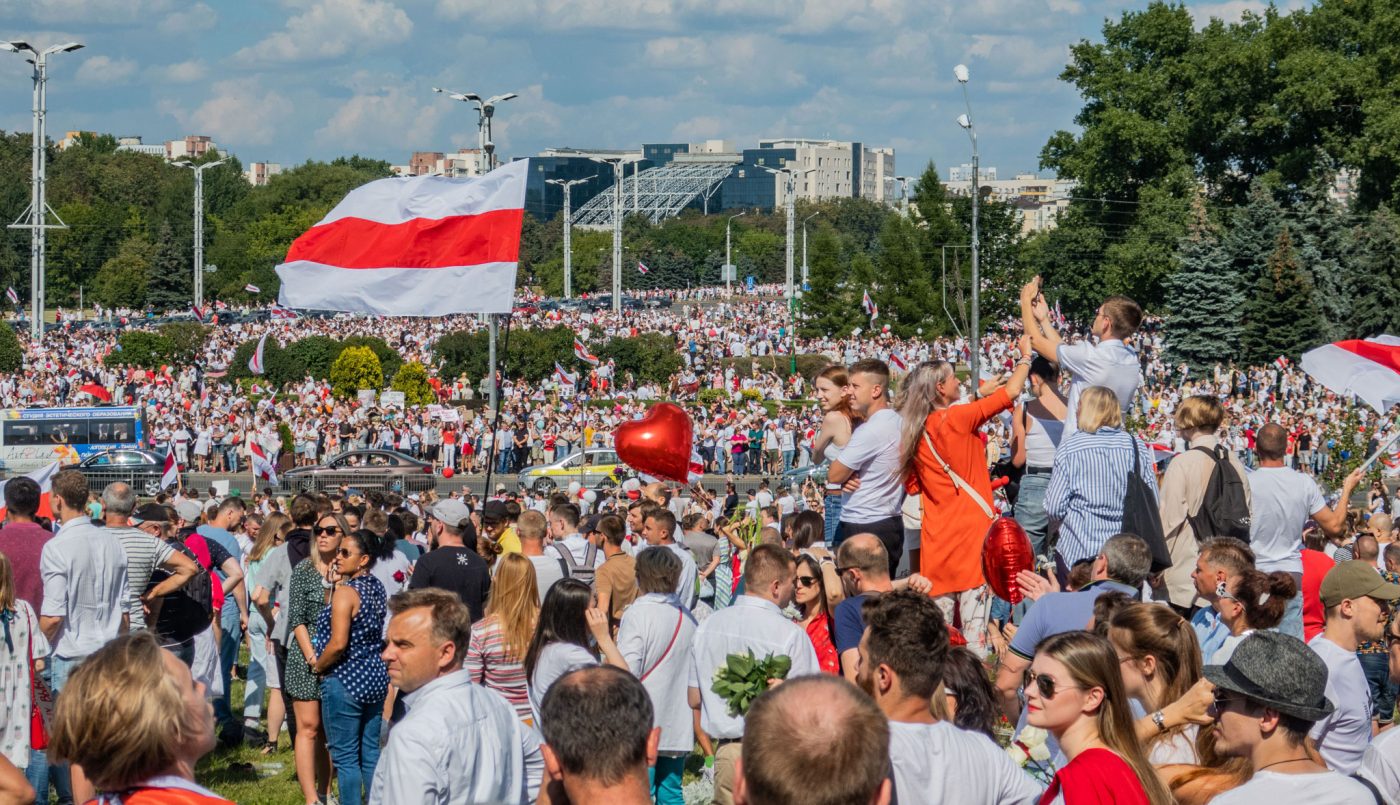 Photo: “Protest rally against Lukashenko, 16 August. Minsk, Belarus” by Homoatrox under CC BY-3.0.
