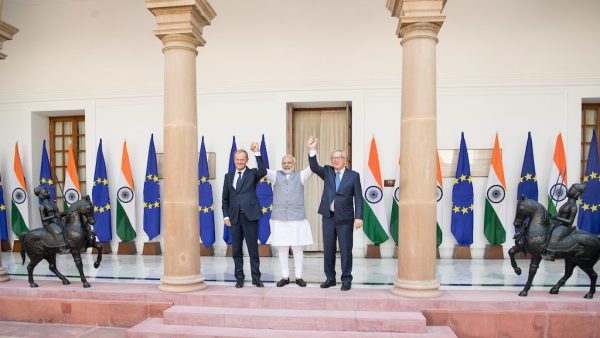 Photo: Jean-Claude Juncker, Donald Tusk, Narendra Modi. Credit: European Council President.