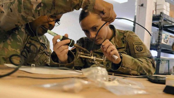 Photo: Staff Sgts. Luis Alicea (left) and Ashley McLeod of the 1st Brigade Combat Team, 82nd Airborne Division build an antenna during the Electronic Warfare competition on Fort Bragg, N.C., May 7, 2019. The competition is a division-level team event designed to evaluate new skills being used on the battlefield in the electromagnetic environment. Credit: Pvt. Chantel Green/ U.S. Army Cyber Command