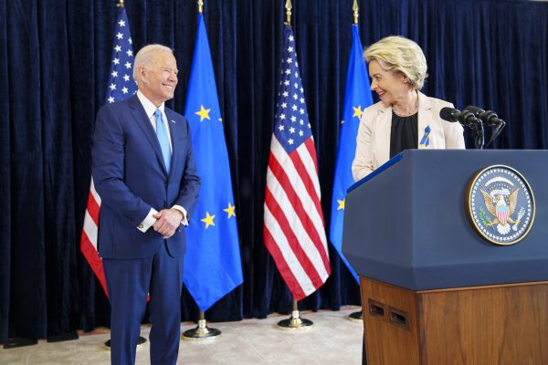 President Joe Biden watches as European Commission President Ursula von der Leyen, delivers remarks, Friday, March 25, 2022, at the Chief of Mission Residence in Brussels. (Official White House Photo by Adam Schultz)