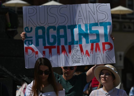 Photo: A protester holds a placard with words 'Russians Are Against Putin And The War'. Members of the local Russian diaspora in Krakow join the global anti-war demonstration of all free Russians and protest against the war with Ukraine at the Adam Mickiewicz monument in the Main Square in Krakow. On Sunday, June 12, 2022, in Krakow, Poland. Credit: Photo by Artur Widak/NurPhoto