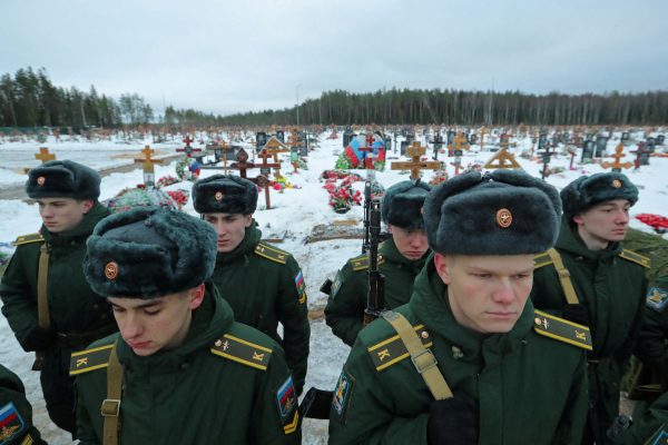 Photo: Cadets of a military academy attend the funeral of Dmitry Menshikov, a mercenary for the private Russian military company Wagner Group, killed during the military conflict in Ukraine, in the Alley of Heroes at a cemetery in Saint Petersburg, Russia December 24, 2022. Credit: REUTERS/Igor Russak