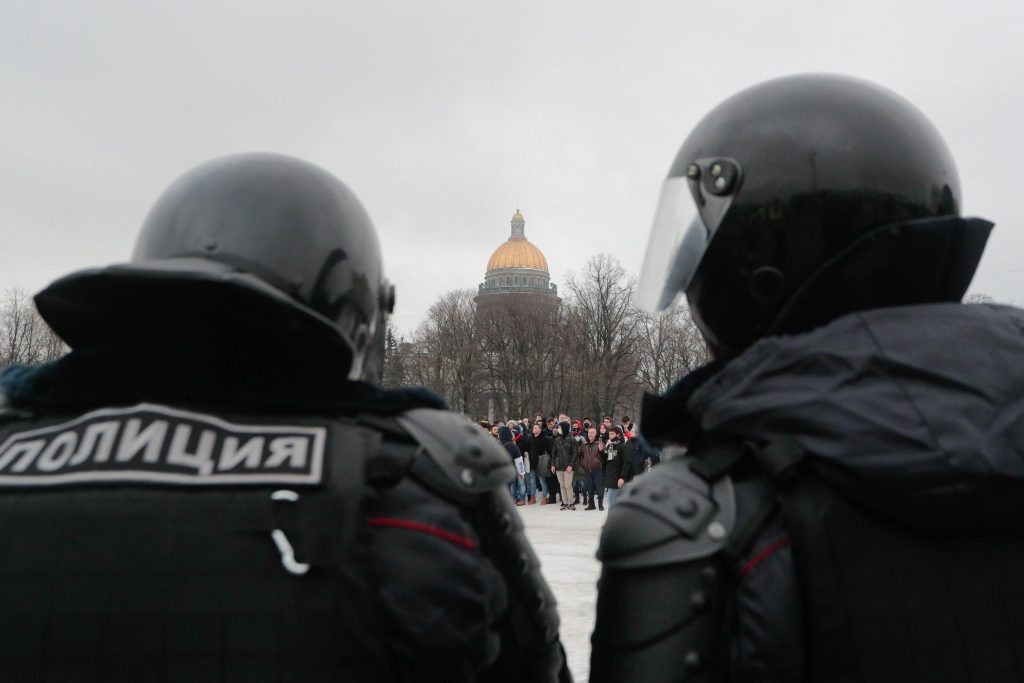 Photo: Riot police officers block a Senate Square during a rally in support of jailed Russian opposition leader Alexei Navalny in Saint Petersburg, Russia, on January 23, 2021. Credit: Anatolij Medved/NurPhoto