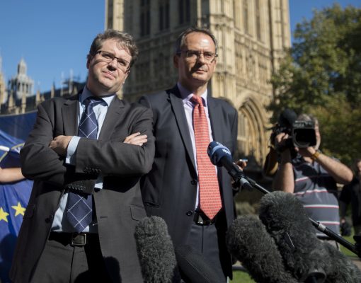 Photo: Bellingcat Eliot Higgins (left) and Bellingcat investigator Christo Grozev speak to the press at College Green in London. Credit: David Mirzoeff/PA Images