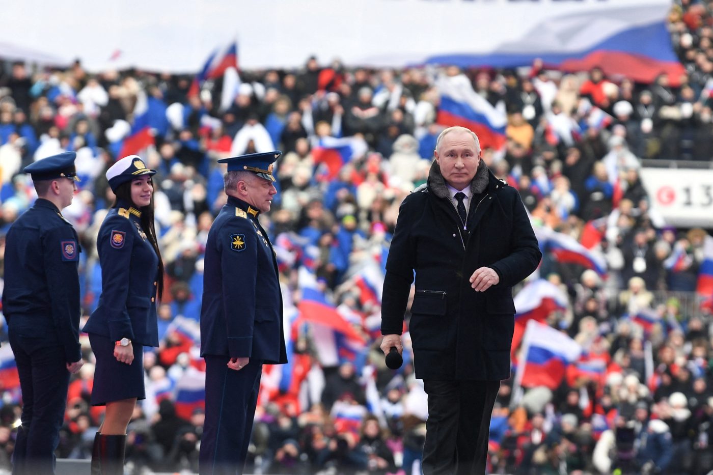 Photo: Russian President Vladimir Putin attends a concert dedicated to Russian service members involved in the country's military campaign in Ukraine, on the eve of the Defender of the Fatherland Day at Luzhniki Stadium in Moscow, Russia February 22, 2023. Credit: Sputnik/Maksim Blinov/Kremlin