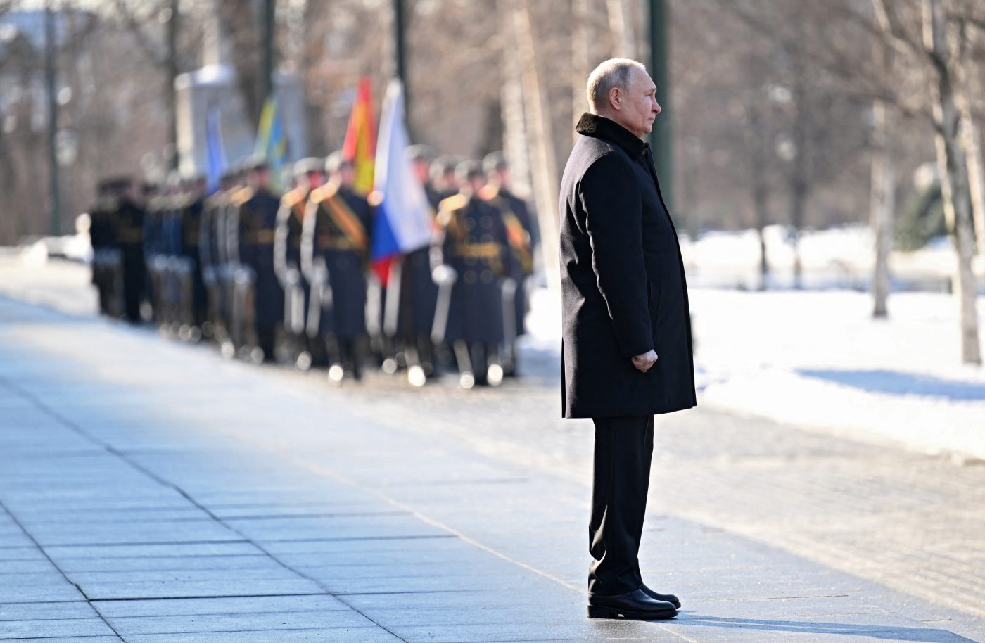 Photo: Russian President Vladimir Putin takes part in a wreath laying ceremony at the Tomb of the Unknown Soldier by the Kremlin Wall on the Defender of the Fatherland Day in Moscow, Russia, February 23, 2023. Credit: Sputnik/Pavel Bednyakov/Pool