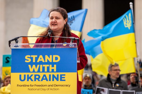 Photo: Ukrainian Ambassador to the US Oksana Markarova speaks at a rally marking the one-month anniversary of Russia’s war. Credit: Allison Bailey/NurPhoto