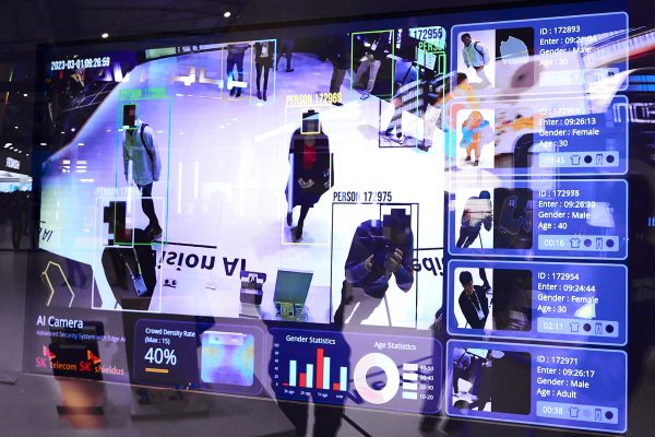 Photo: An Artificial Intelligence camera that can detect and follow people as well as identify their gender and age, being exhibited at the SK telecom stand during the Mobile World Congress 2023 on March 2, 2023, in Barcelona, Spain. Credit: Joan Cros/NurPhoto