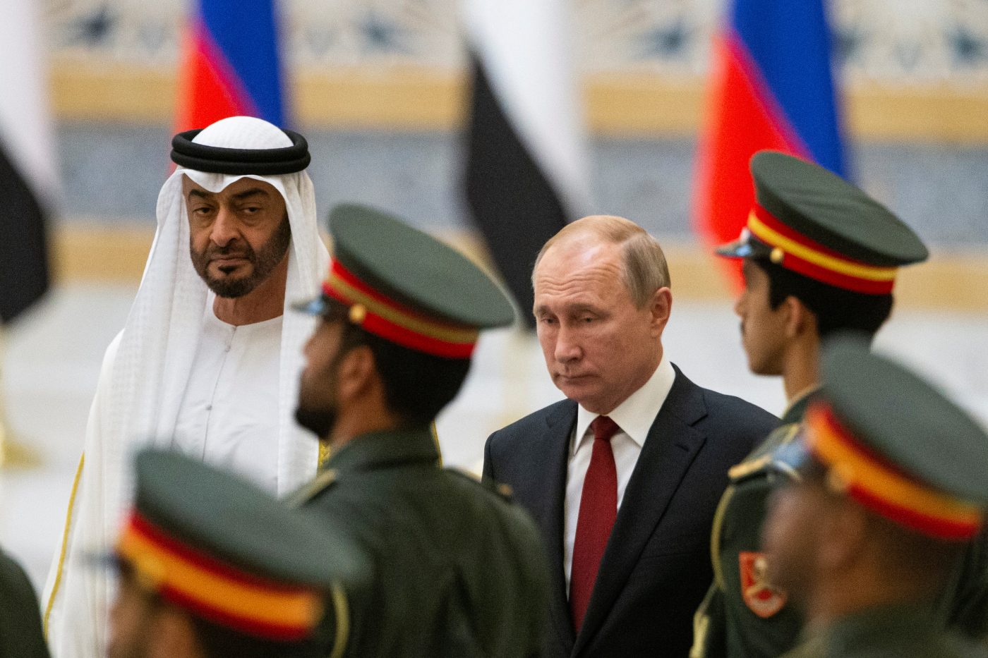 Photo: Russian President Vladimir Putin and Abu Dhabi Crown Prince Mohamed bin Zayed al-Nahyan attend the official welcome ceremony in Abu Dhabi, United Arab Emirates, October 15, 2019. Credit: Alexander Zemlianichenko/ Pool via REUTERS