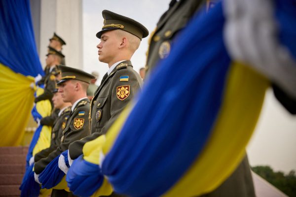 Credit: Members of the Honour Guard attend a rising ceremony of the Ukraine's biggest national flag to mark the Day of the State Flag, amid Russia's attack on Ukraine, in Kyiv, Ukraine August 23, 2022. Credit: Ukrainian Presidential Press Service/Handout via Reuters