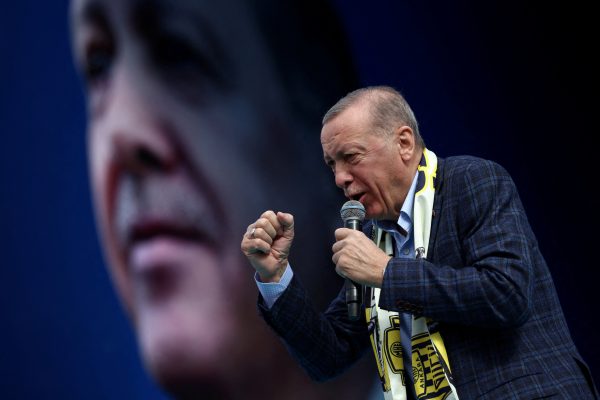 Photo: Turkish President Tayyip Erdogan addresses his supporters during a rally ahead of the May 14 presidential and parliamentary elections, in Ankara, Turkey April 30, 2023. Credit: REUTERS/Cagla Gurdogan