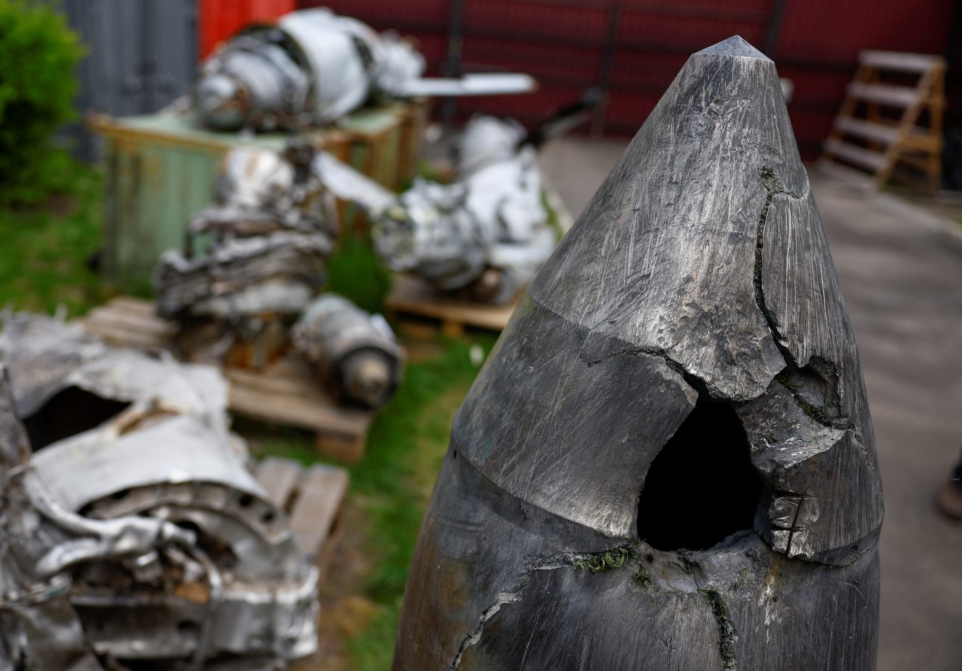 Photo: A Kh-47 Kinzhal Russian hypersonic missile warhead, shot down by a Ukrainian Air Defence unit amid Russia's attack on Ukraine, is seen at a compound of the Scientific Research Institute in Kyiv, Ukraine May 12, 2023. Credit" REUTERS/Valentyn Ogirenko