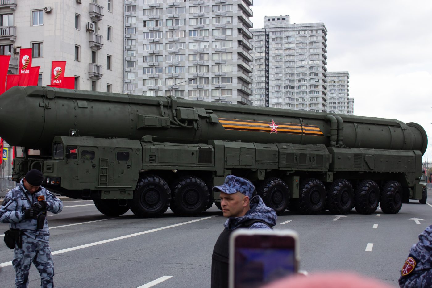 Photo: RS-24 Yars, a Russian MIRV-equipped thermonuclear armed intercontinental ballistic missile. The MIRV system permits a single missile to deliver multiple nuclear warheads to different targets. is seen in central Moscow during the general rehearsal of the Victory Day parade held on May 7, 2023. Credit: Vlad Karkov / SOPA Images/Sipa USA