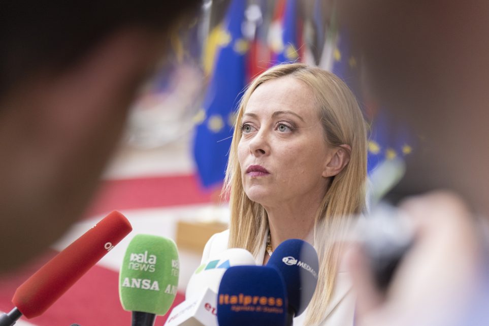 Photo: Italian Prime Minister Giorgia Meloni speaks to the press at the European Council Summit in Brussels, Belgium on June 30, 2023. Credit: Diego Ravier / Hans Lucas.