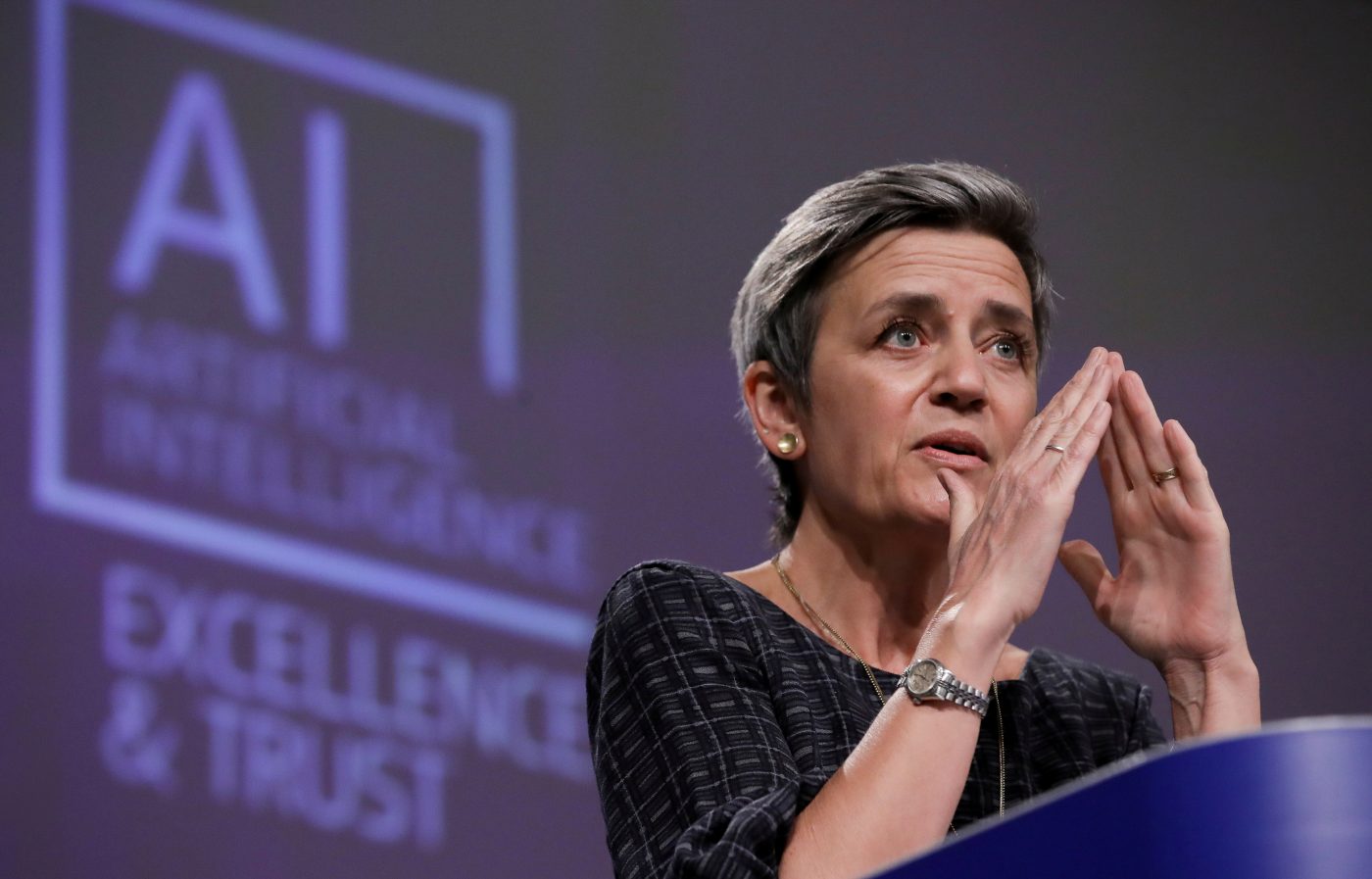 Photo: European Executive Vice-President Margrethe Vestager speaks at a media conference on the EU approach to Artificial Intelligence following a weekly meeting of EU Commission in Brussels, Belgium, April 21, 2021. Credit: Olivier Hoslet/Pool via REUTERS